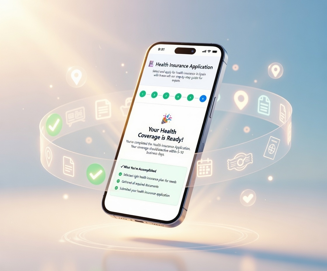 EnterSpain mobile view showing health insurance application completion